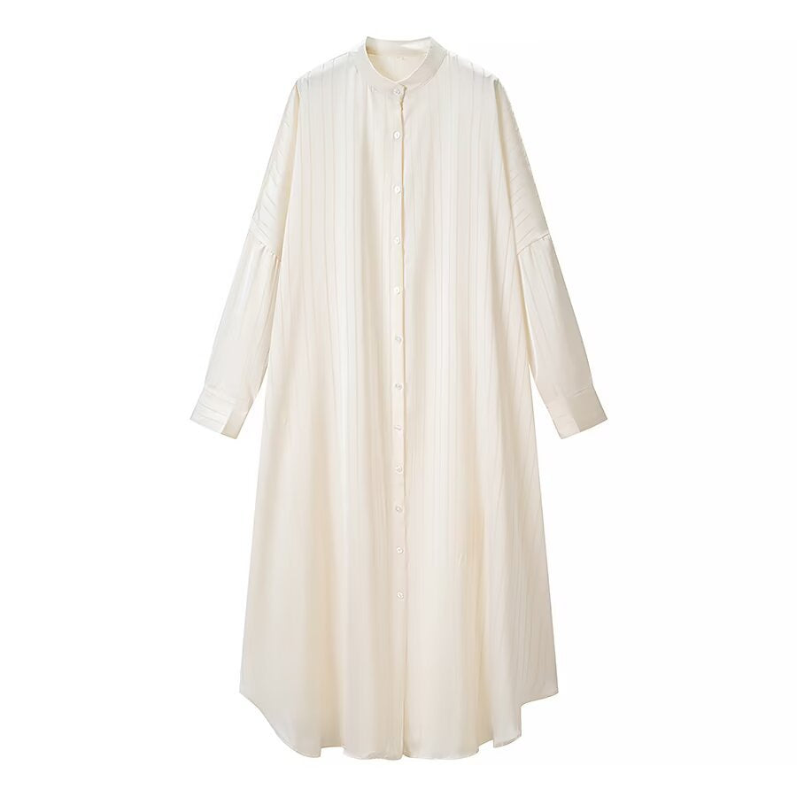 Women's Oversize Shirt Dress with Continuous Button Placket and Wide Pleated Trousers in Lounge Set Amarae