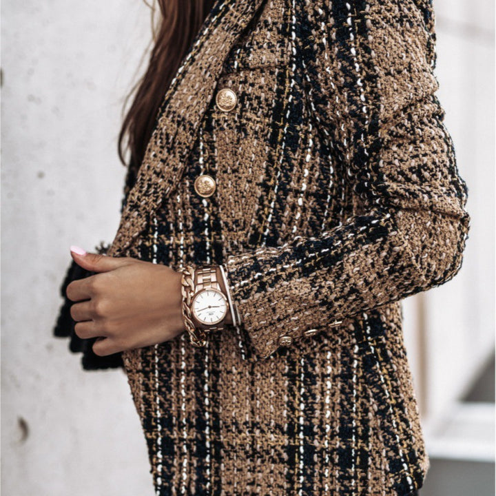 Plaid jacket for women with gold buttons and textured fabric Lune London
