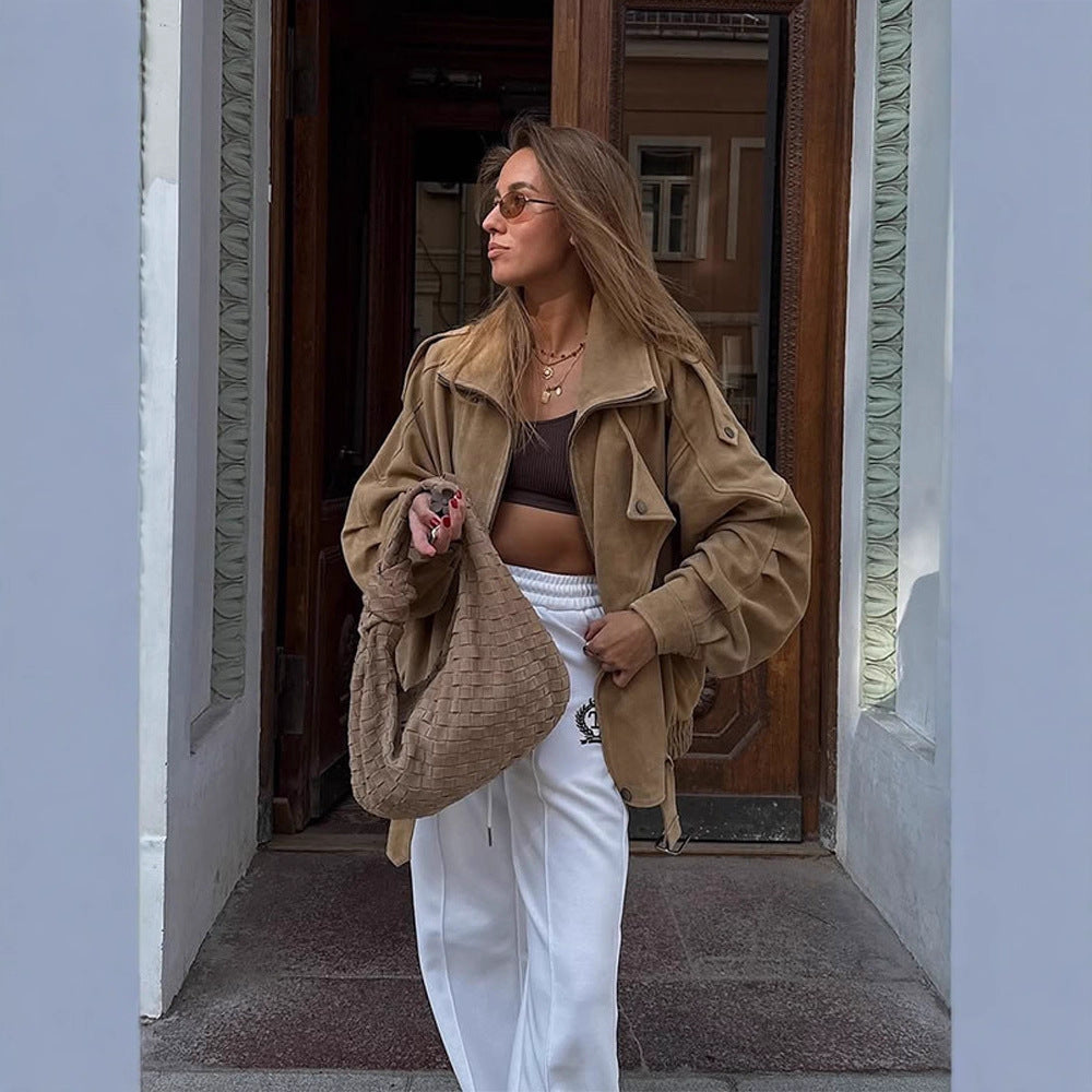 Women's Oversized Suede Leather Bomber Jacket with Epaulettes and Adjustable Waist Amarae