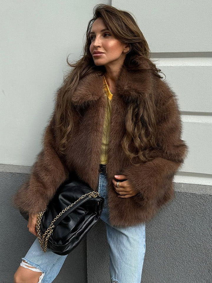 Women's Short Cut Voluminous Faux Fur Coat with Wide Shawl Collar Amarae