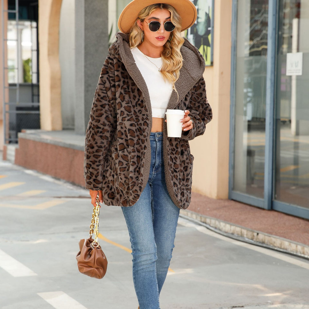 Modern leopard print plush jacket for women with hood and large pockets Lune London