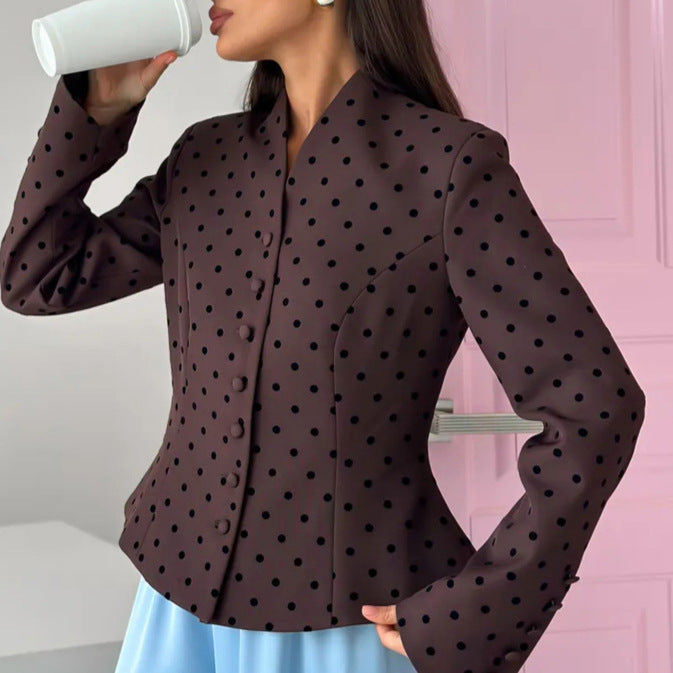 Women's Tailored Stand Collar Blazer with Polka Dot Pattern and Concealed Button Placket Amarae