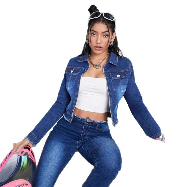 Women Short Waist-Length Denim Jacket with Zip and Frayed Hem Amarae