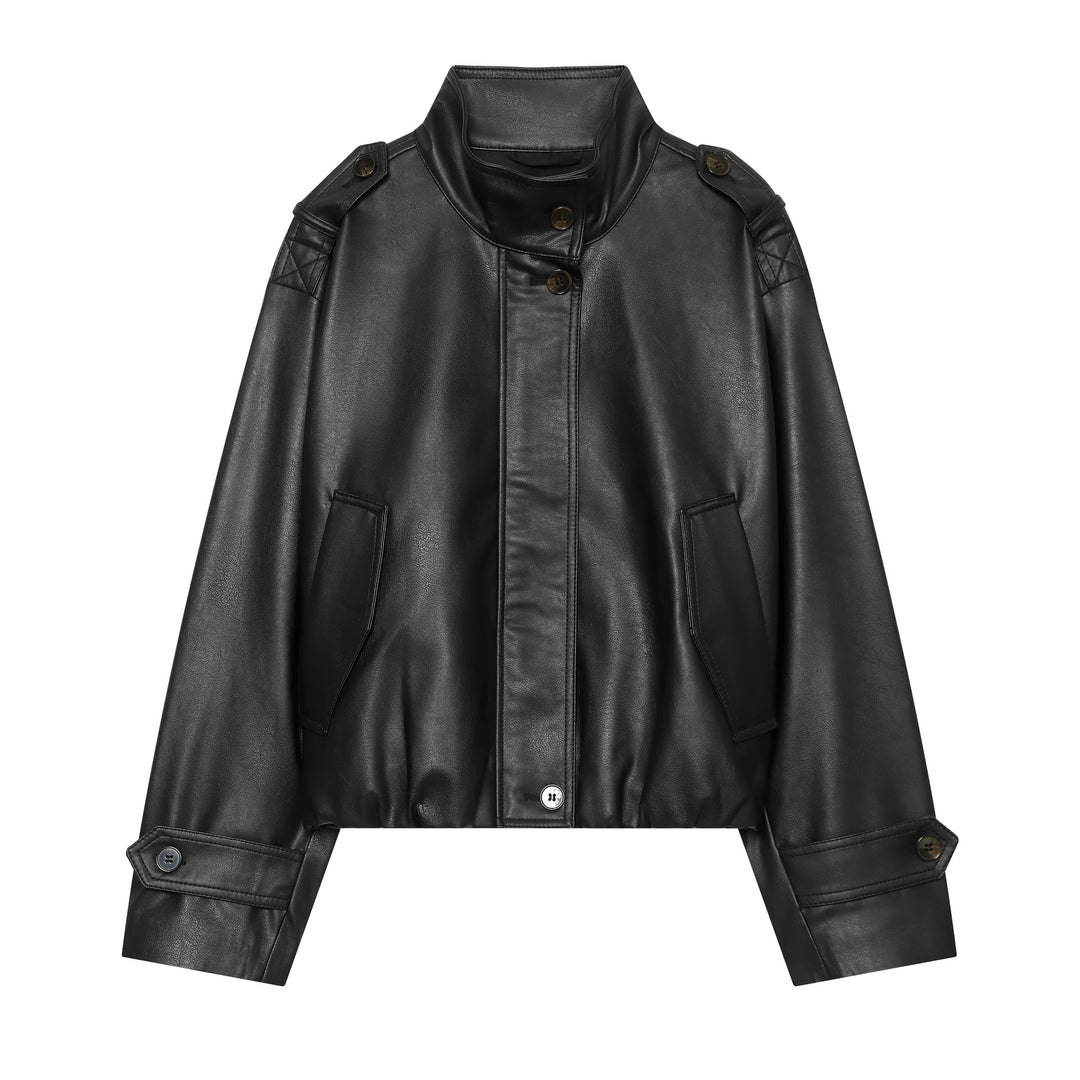 Women's Cropped Faux Leather Field Jacket with High Stand Collar, Shoulder Straps and Elastic Hem