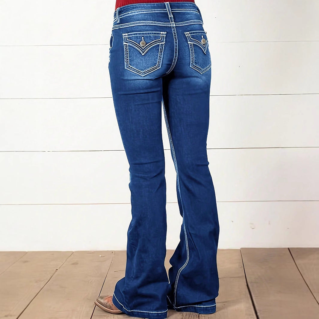 Ladies' Waist-Cinched Bootcut Jeans with Decorative Button Appliqué and Contrast Stitching Amarae