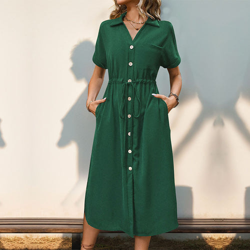 Women short dress with short sleeves, button placket and adjustable belt Amarae