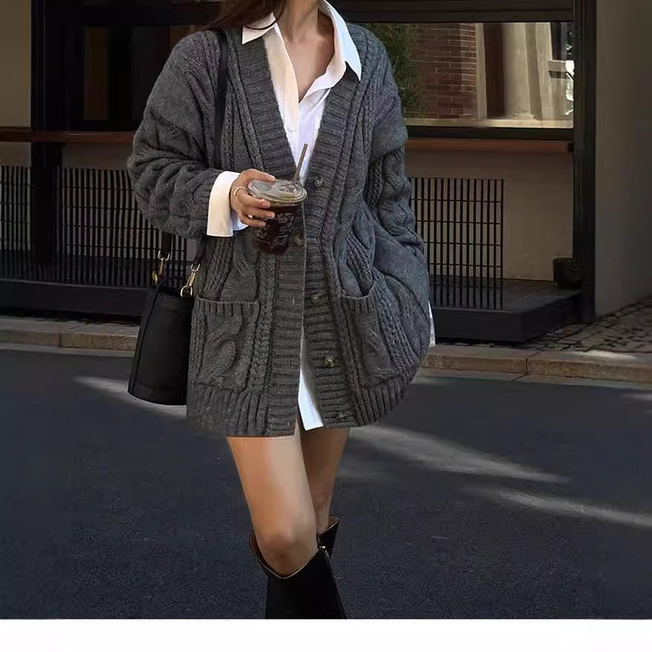 Knit cardigan for women with deep V-neck and structured twisted pattern Lune London