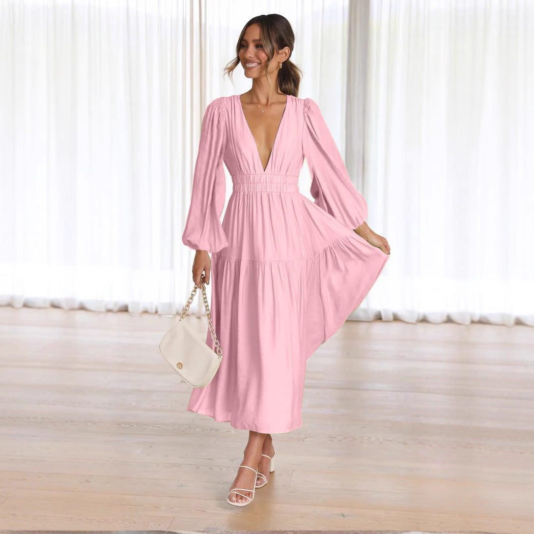 Women's Maxi Dress with Deep V-Neck and Wide Flared Sleeves Lune London