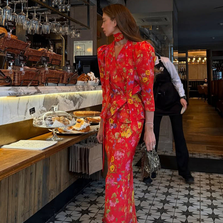 Women's Wrap Maxi Dress with Floral Print, Puff Sleeves and Shawl Collar Amarae