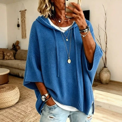 Ladies Oversized Knit Poncho with Hood, Batwing Sleeves and Side Slits Amarae