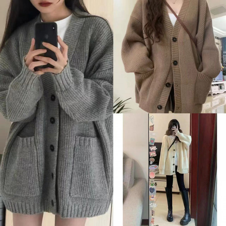 Women Chunky Knit Cardigan with Pockets and Deep V Neck Lune London