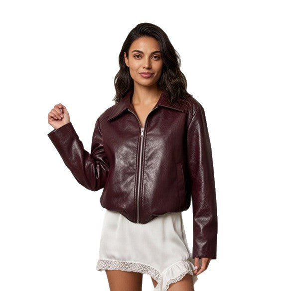 Women's short jacket made of vegan smooth leather look with pointed shirt collar and front zipper Amarae