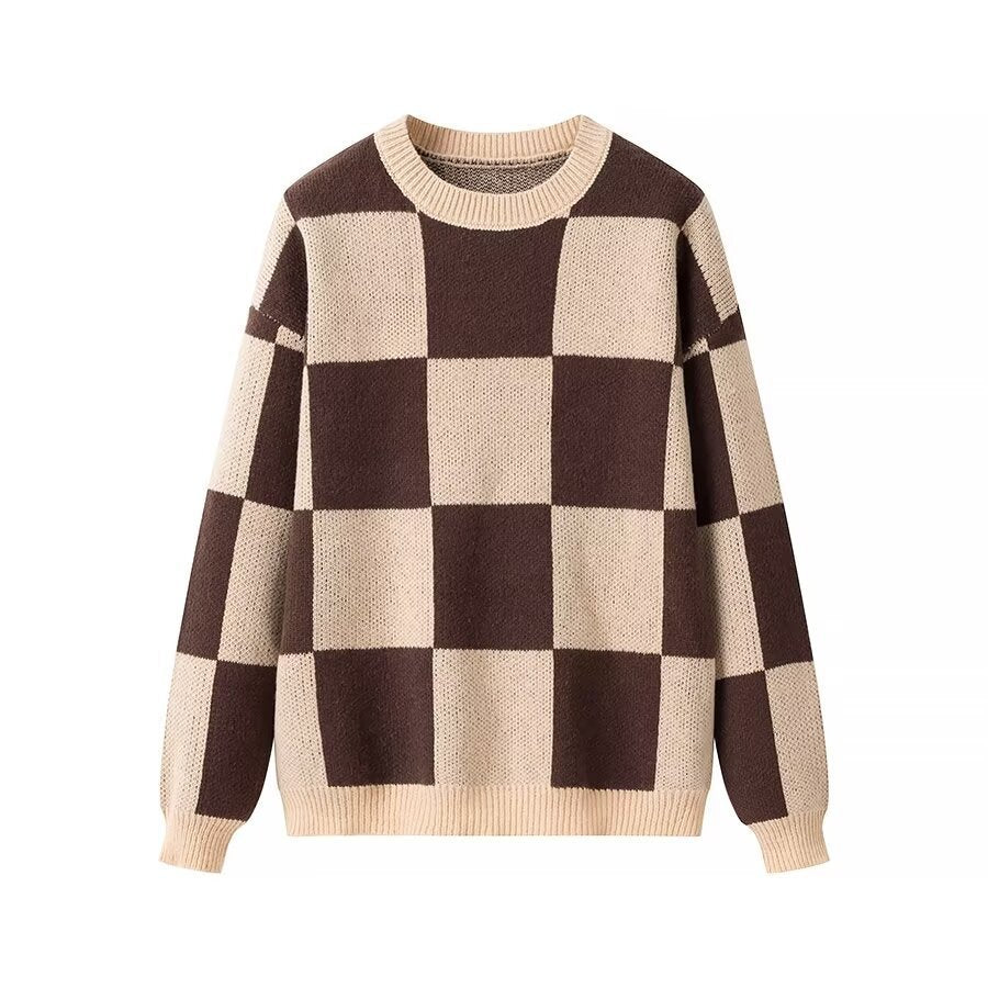 Women's Oversize Knitted Sweater with Distinctive Check Pattern and Ribbed Finishes Amarae