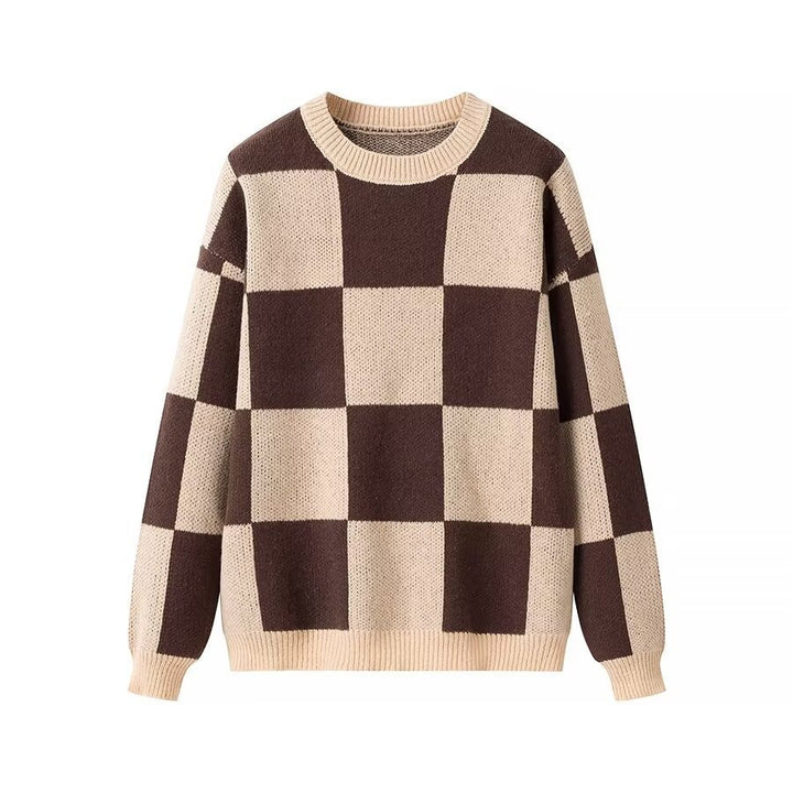 Women's Oversize Knitted Sweater with Distinctive Check Pattern and Ribbed Finishes Amarae