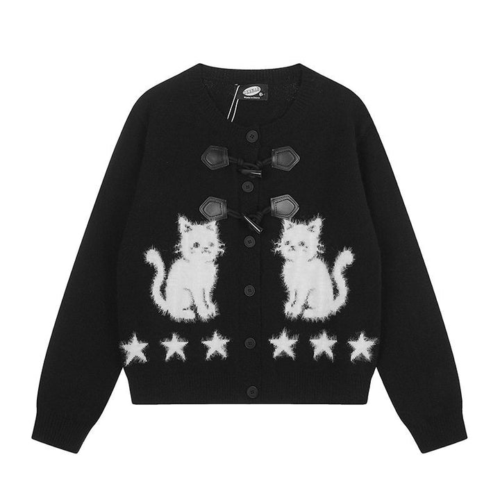 Women's cardigan with cat jacquard, decorative toggle closure and star trim Amarae