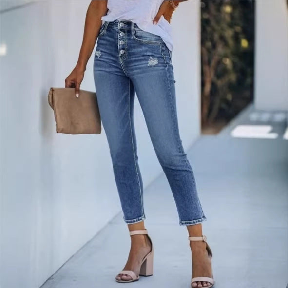 Women's High-Waisted Slim Jeans with Visible Button Placket and Ankle-Length Fit Amarae