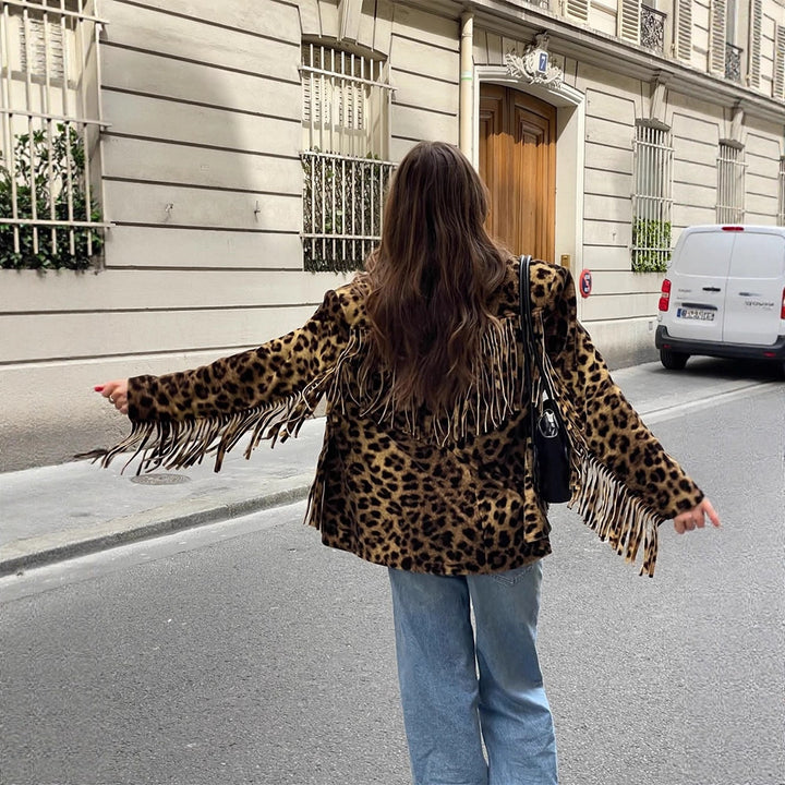 Women Short Faux Fur Blouson with Leopard Print and Fringe Amarae