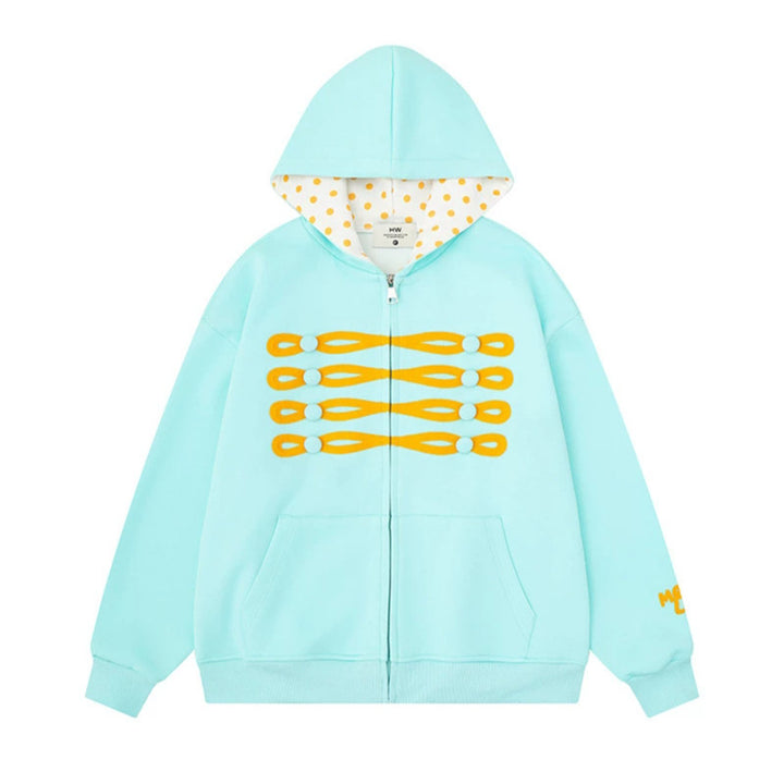 Women's oversized hooded sweatshirt jacket with decorative button print and polka dot hood lining Amarae