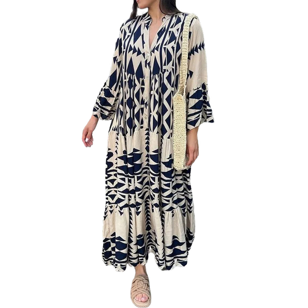 Women's Loose Maxi Dress in Boho Style with Graphic Print, V-Neck and Button Placket Amarae