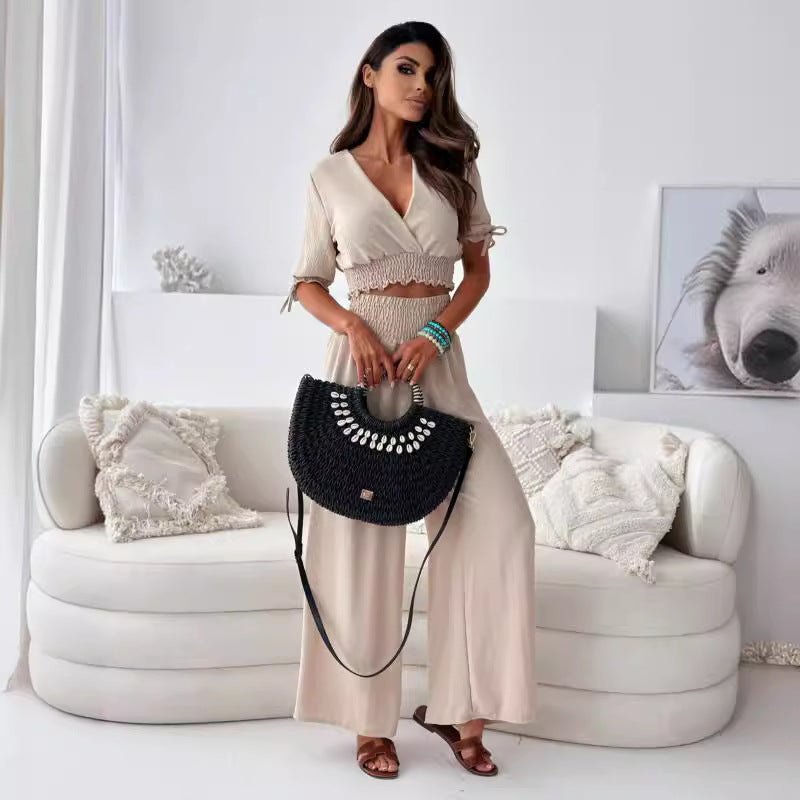 Lune London women's cropped smocking top set and wide pants