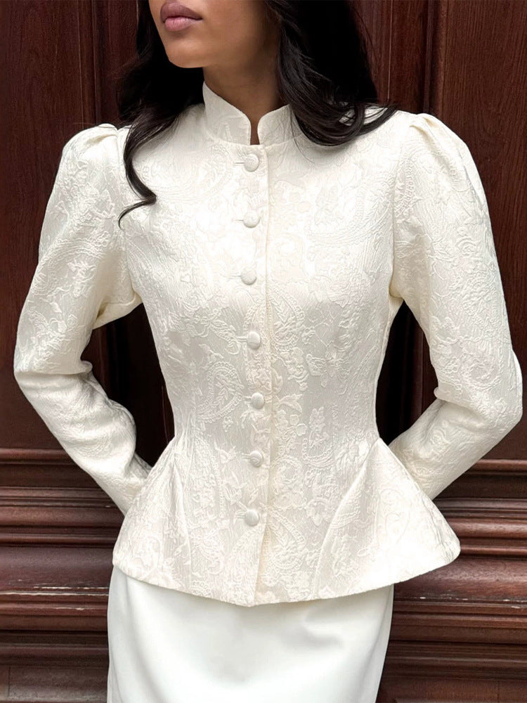 Women tailored jacquard blouse with stand-up collar and decorative button placket Amarae