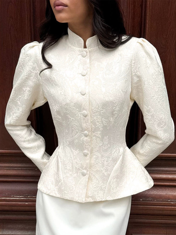 Women tailored jacquard blouse with stand-up collar and decorative button placket Amarae