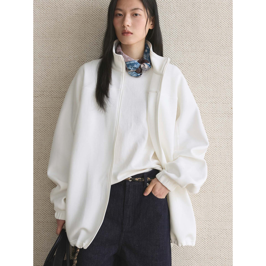 Women Oversize Zip Sweat Jacket with Stand Collar and Balloon Sleeves Amarae