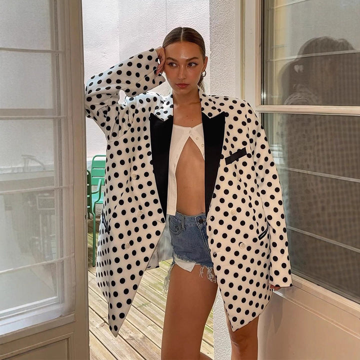 Women's Oversized Polka Dot Blazer with Contrasting Lapels and Boxy Silhouette Amarae