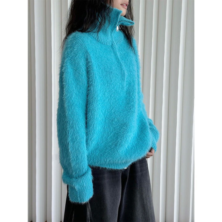 Women's fluffy stand-up collar sweater with half zipper Amarae