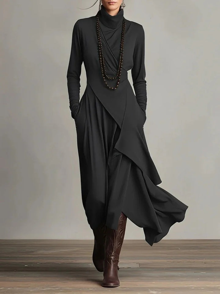 Women's Elegant Maxi Dress with Draped Top and Asymmetrical Cut Lune London
