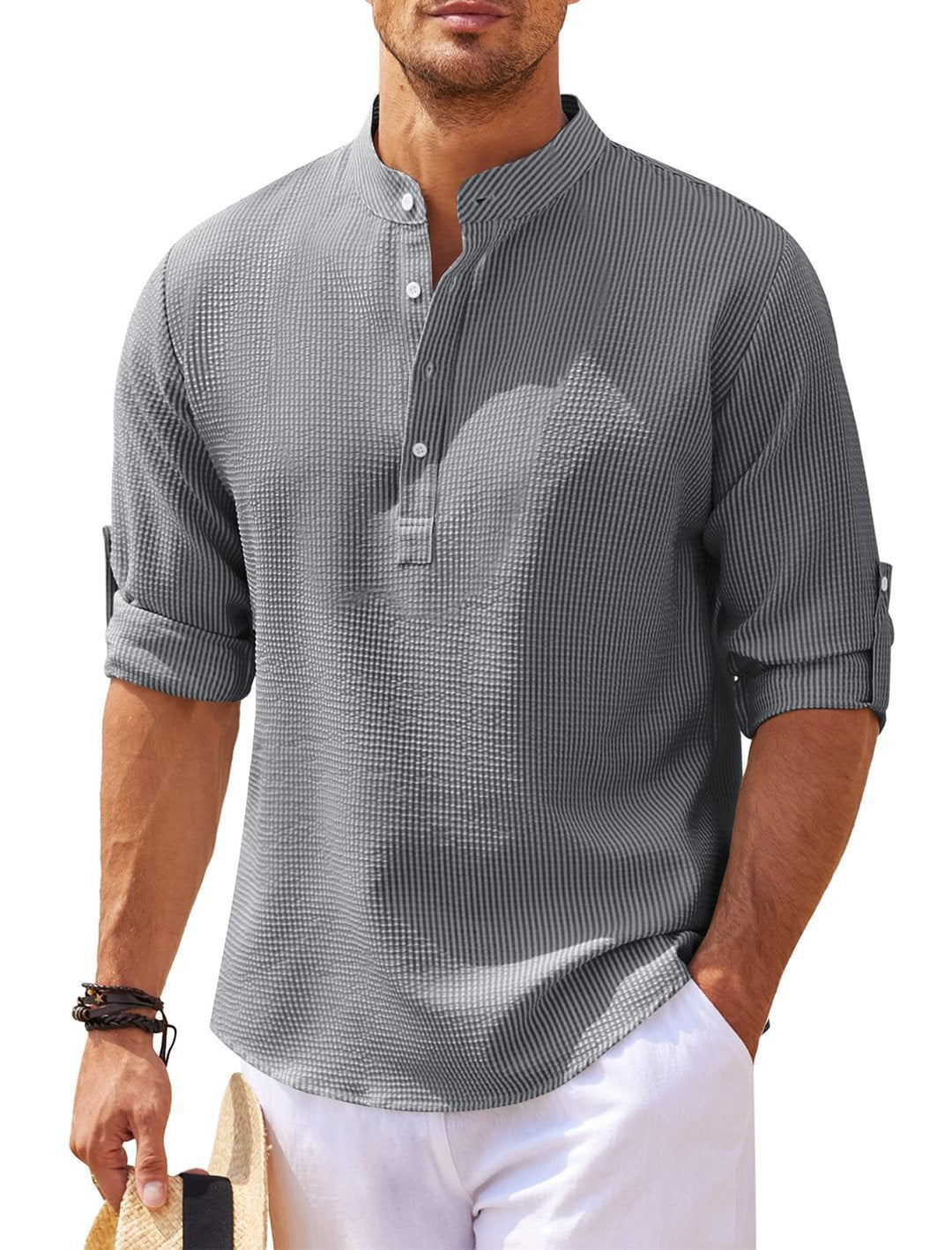 Men's Casual Long Sleeve Shirt with Stand-Up Collar and Ribbed Texture Lune London
