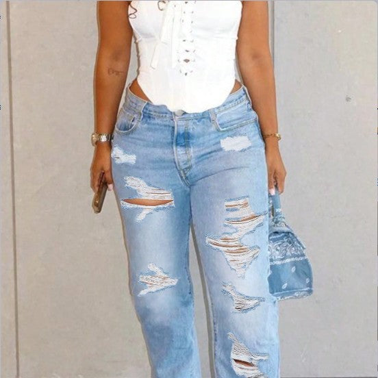 Women High-Waisted Relaxed-Fit Straight Jeans with pronounced Destroyed Details Amarae