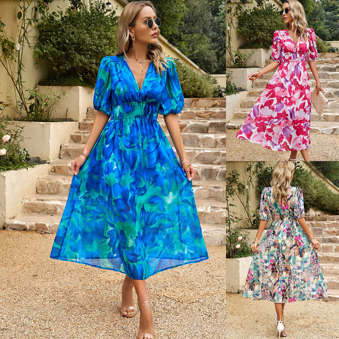 Ladies Romantic Chic Maxi Dress with Puff Sleeves