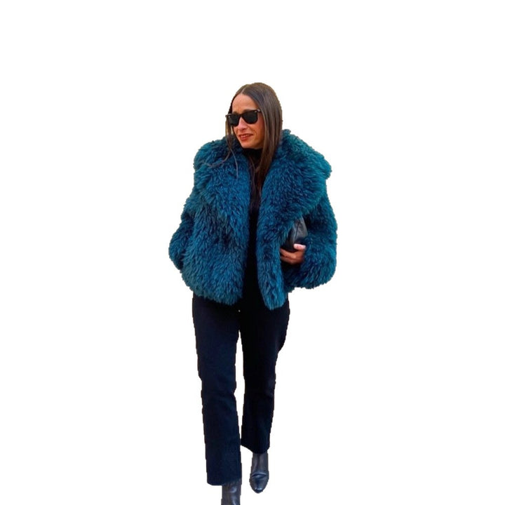 Women's Short Textured Faux Fur Coat with Voluminous Shawl Collar Amarae
