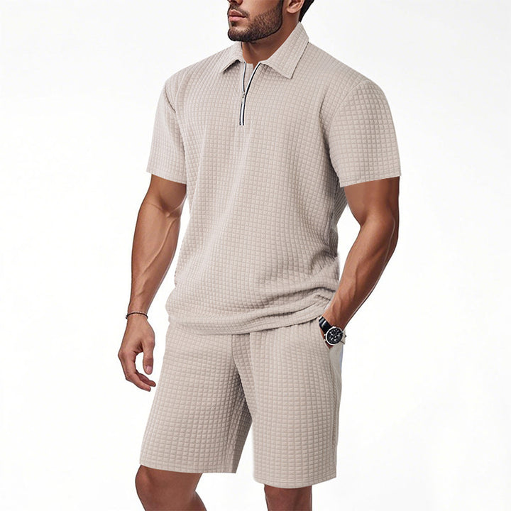Men's modern short sleeve polo with contemporary design and chic elastic shorts