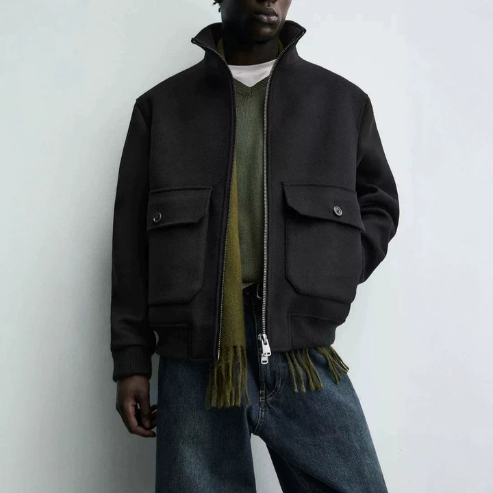 Men's short wool bomber jacket with high stand-up collar and patch flap pockets Amarae