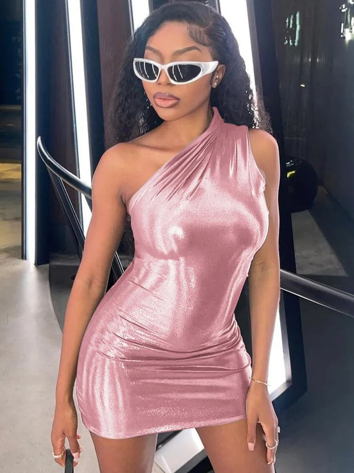 Metallic Bodycon Dress with One Shoulder Women Lune London