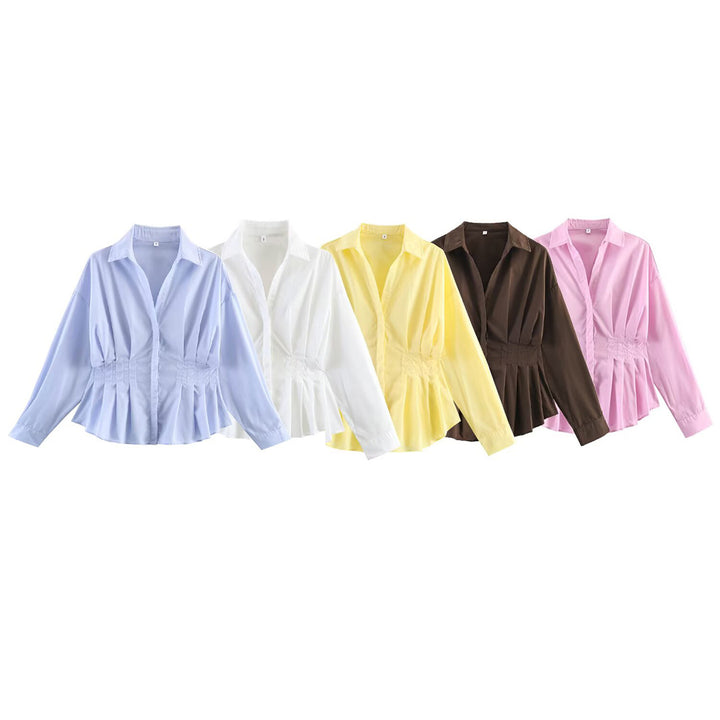 Ladies' blouse with tailored gathered insert and pleated peplum