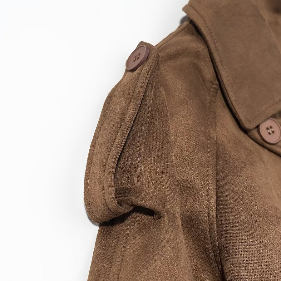 Women Longer tailored double-breasted wool blend trench coat with belt and shawl collar Amarae