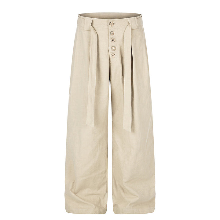 Women's High-Cut Linen Wide-Leg Trousers with Button Placket, Ties and Pleats