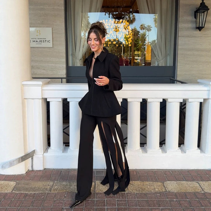 Women tailored zip blazer with peplum & structured shoulder Amarae