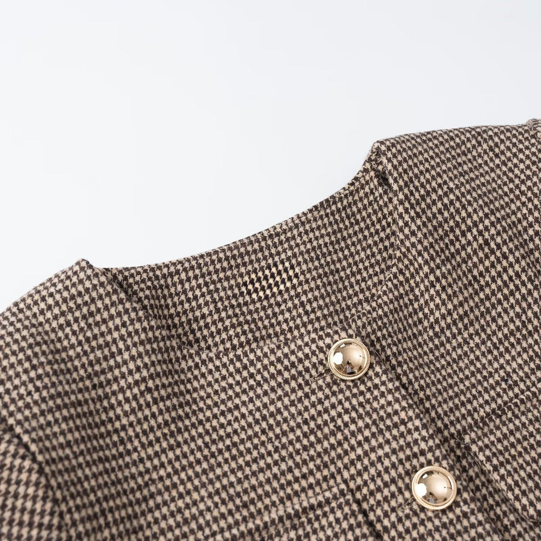 Women's Short Boucle Jacket in Houndstooth Look with Round Neck and Decorative Button Placket Amarae