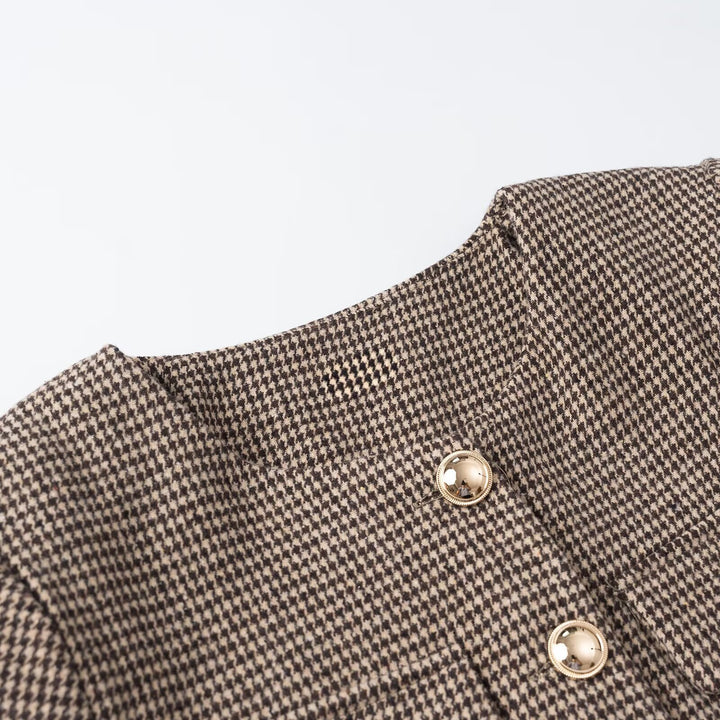Women's Short Boucle Jacket in Houndstooth Look with Round Neck and Decorative Button Placket Amarae