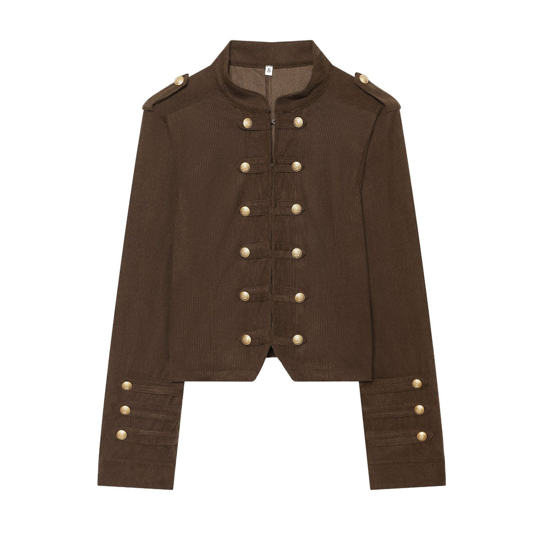 Women's Cropped Military Jacket with Stand-Up Collar, Epaulettes and Decorative Button Placket Amarae