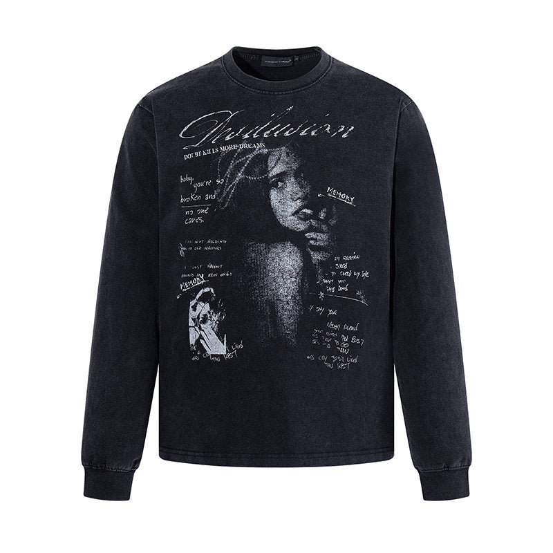 Men's Longsleeve with Vintage Girl Graphic and Used Wash Amarae