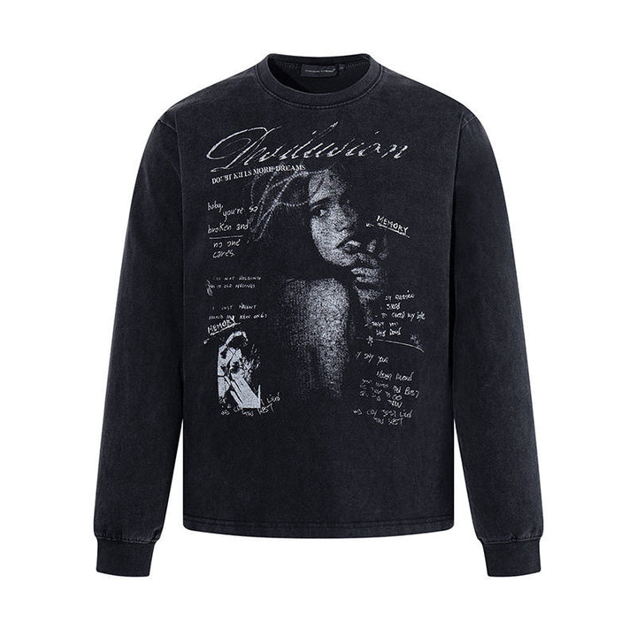 Men's Longsleeve with Vintage Girl Graphic and Used Wash Amarae