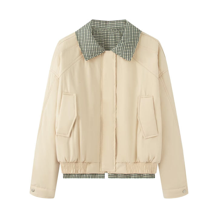Trendy transition jacket for women with check collar and practical flap pockets Lune London