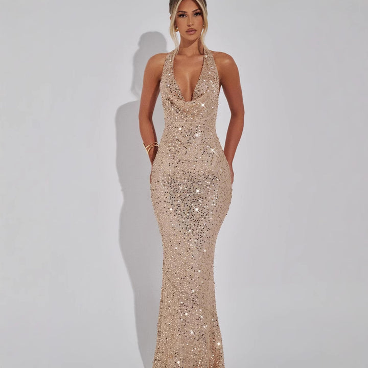Women's functional dress with glamorous sequin embellishment and deep V-neck