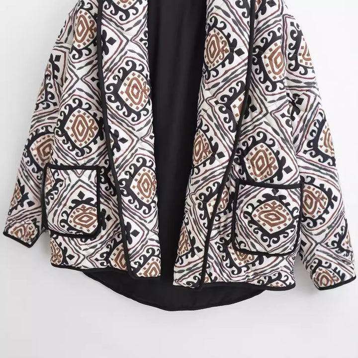 Women's Oversize Quilted Short Jacket in Kimono Style with Ethno Pattern Amarae