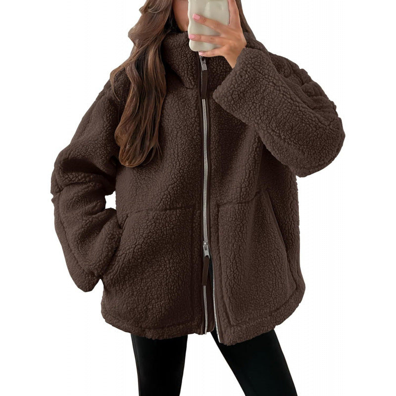 Ladies Teddy Fur Jacket with Large Collar and Zipper Lune London